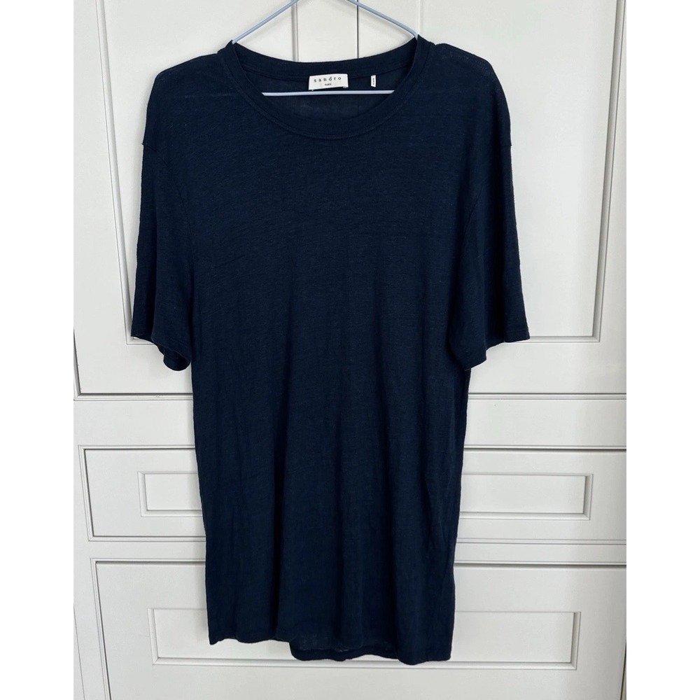 Sandro Mens Navy Blue Linen/Cotton Short Sleeve TShirt Size S/XS (measured) $185 - Picture 4 of 9
